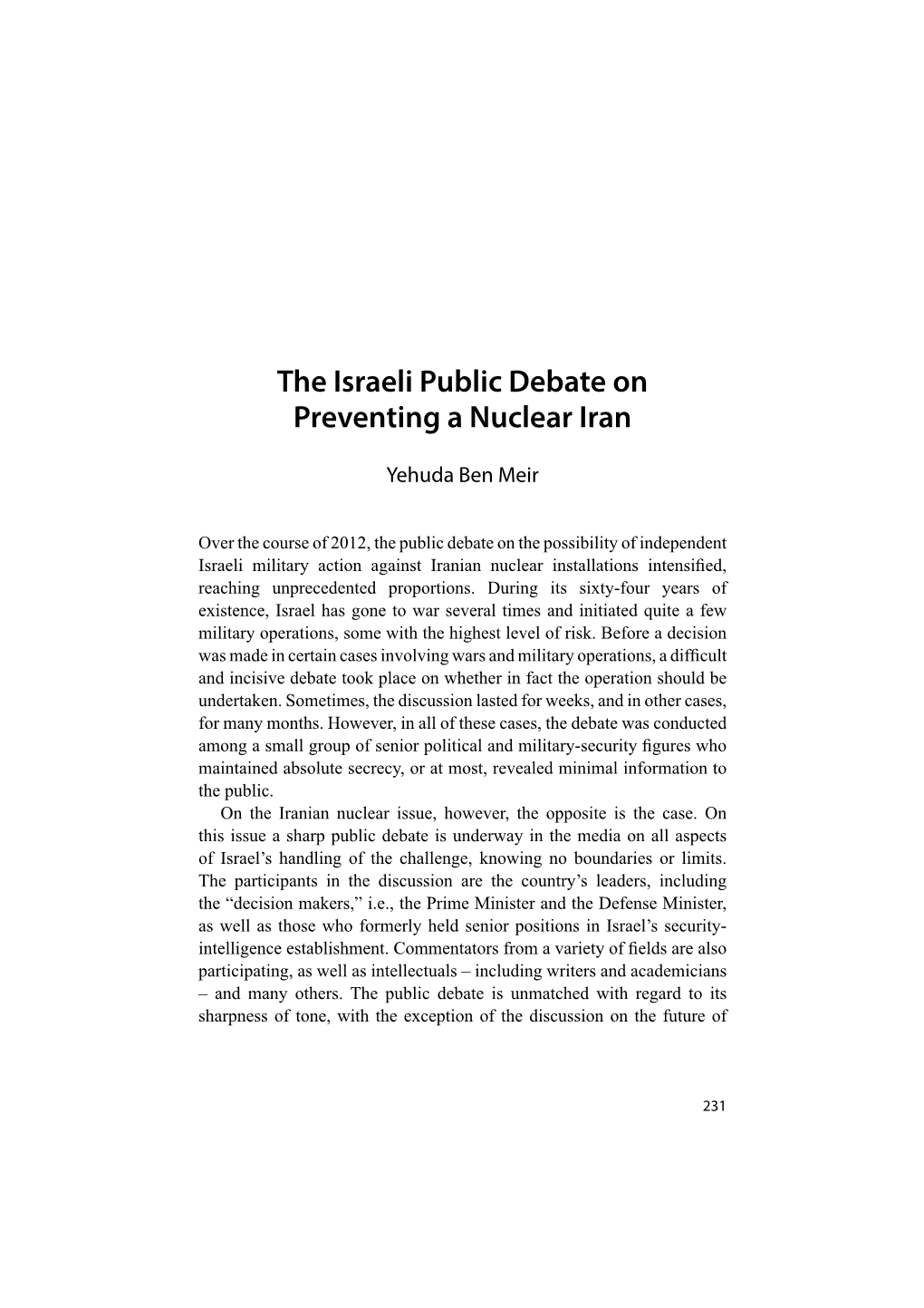 The Israeli Public Debate on Preventing a Nuclear Iran