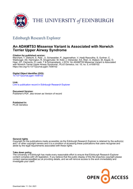 An ADAMTS3 Missense Variant Is Associated with Norwich Terrier Upper Airway Syndrome', Plos Genetics, Vol