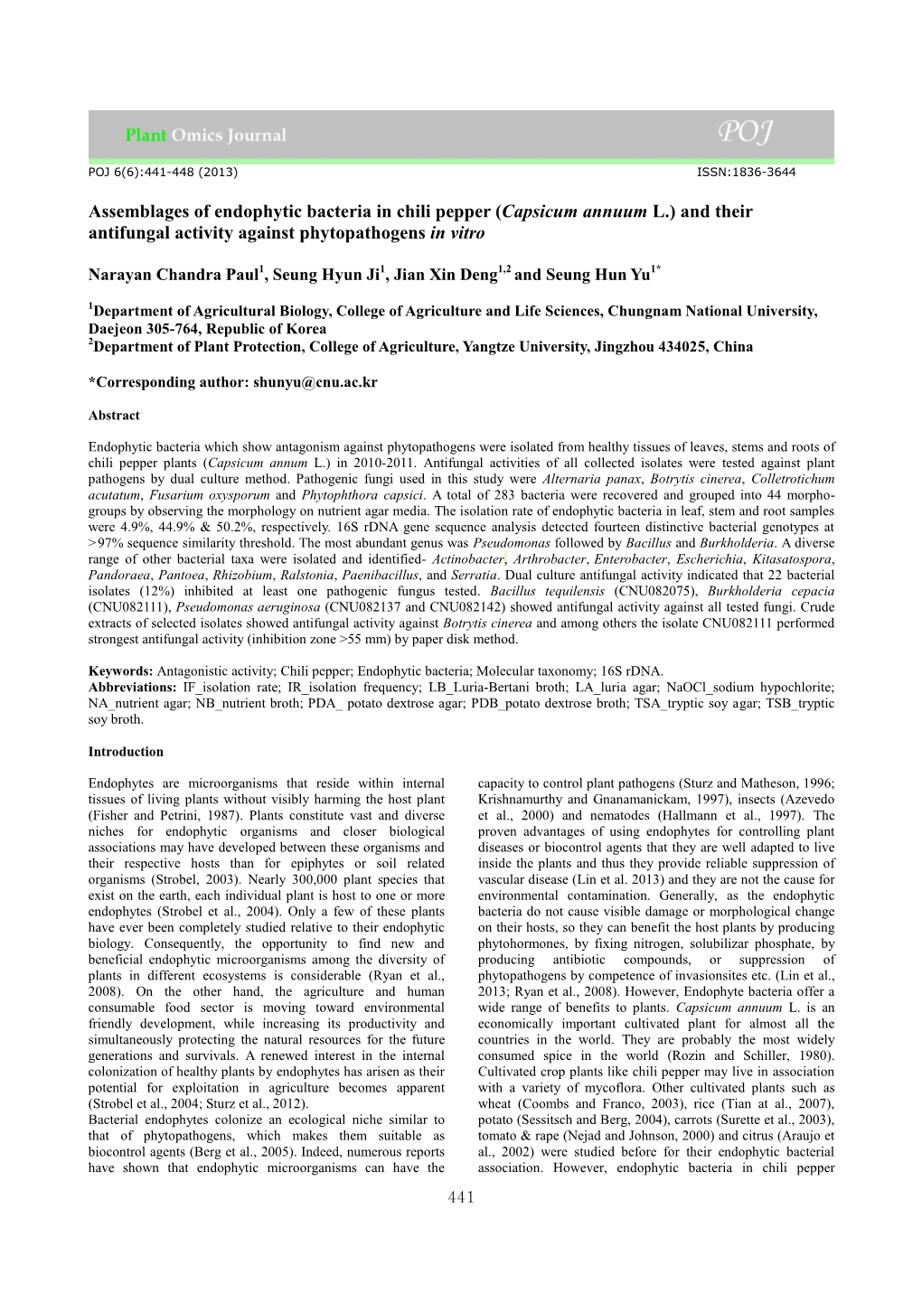 Assemblages of Endophytic Bacteria in Chili Pepper (Capsicum Annuum L.) and Their Antifungal Activity Against Phytopathogens in Vitro