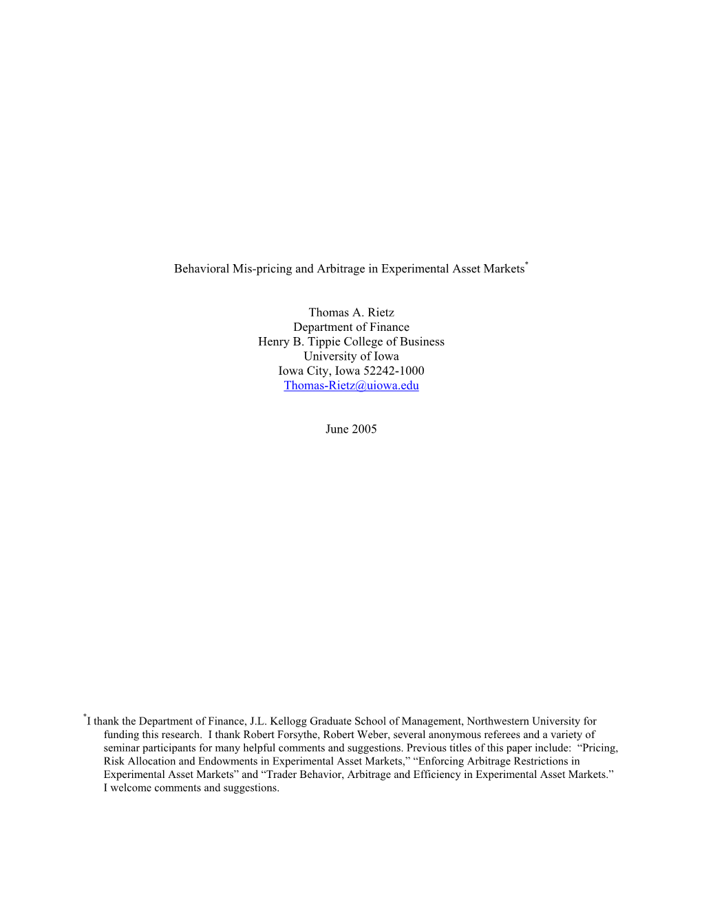 Behavioral Mis-Pricing and Arbitrage in Experimental Asset Markets*