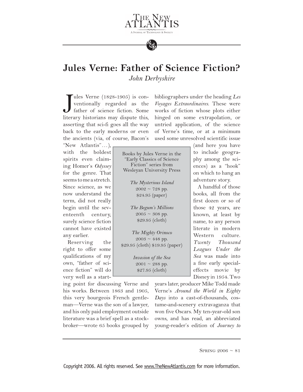 Jules Verne: Father of Science Fiction? John Derbyshire