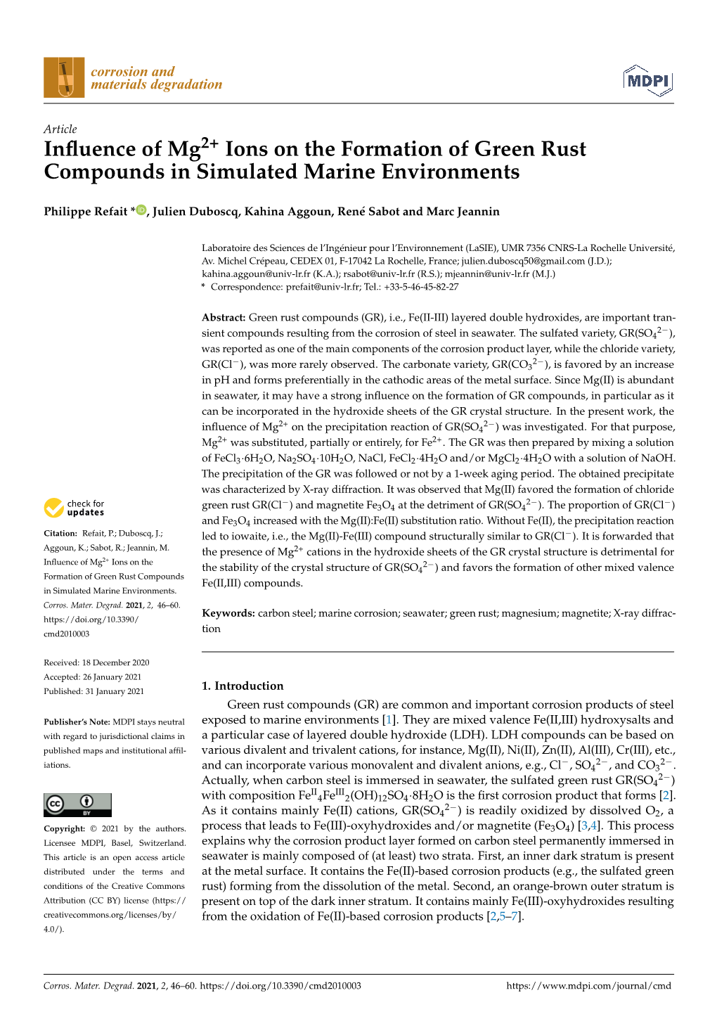 Influence of Mg2+ Ions on the Formation of Green Rust