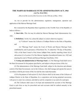 THE MARWAR MARRIAGE FUND ADMINISTRATION ACT, 1961 (Act No