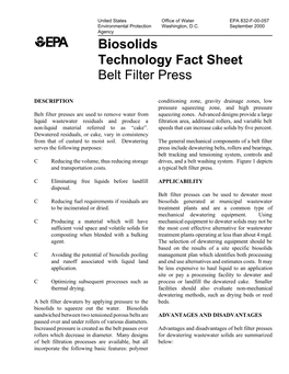 Biosolids Technology Fact Sheet: Belt Filter Press