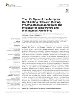 The Life Cycle of the Acropora Coral-Eating Flatworm (AEFW), Prosthiostomum Acroporae; the Inﬂuence of Temperature and Management Guidelines