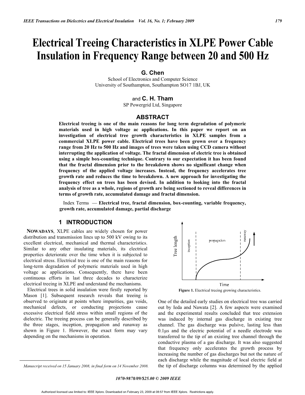 Electrical Treeing Characteristics in XLPE Power Cable Insulation in Frequency Range Between 20 and 500 Hz