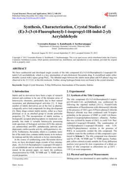 Synthesis, Characterization, Crystal Studies of (E)-3-(3-(4-Fluorophenyl)-1-Isopropyl-1H-Indol-2-Yl) Acrylaldehyde