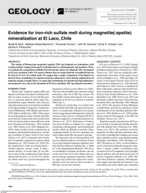 Evidence for Iron-Rich Sulfate Melt During Magnetite(-Apatite) Mineralization at El Laco, Chile Wyatt M