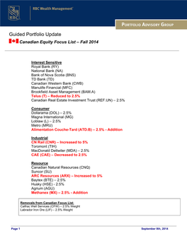 Guided Portfolio Update Canadian Equity Focus List – Fall 2014