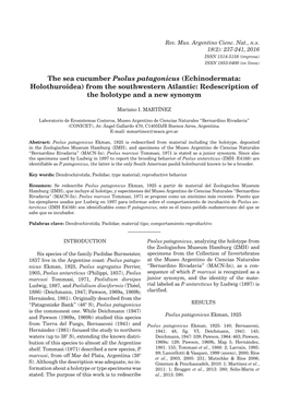 The Sea Cucumber Psolus Patagonicus (Echinodermata: Holothuroidea) from the Southwestern Atlantic: Redescription of the Holotype and a New Synonym