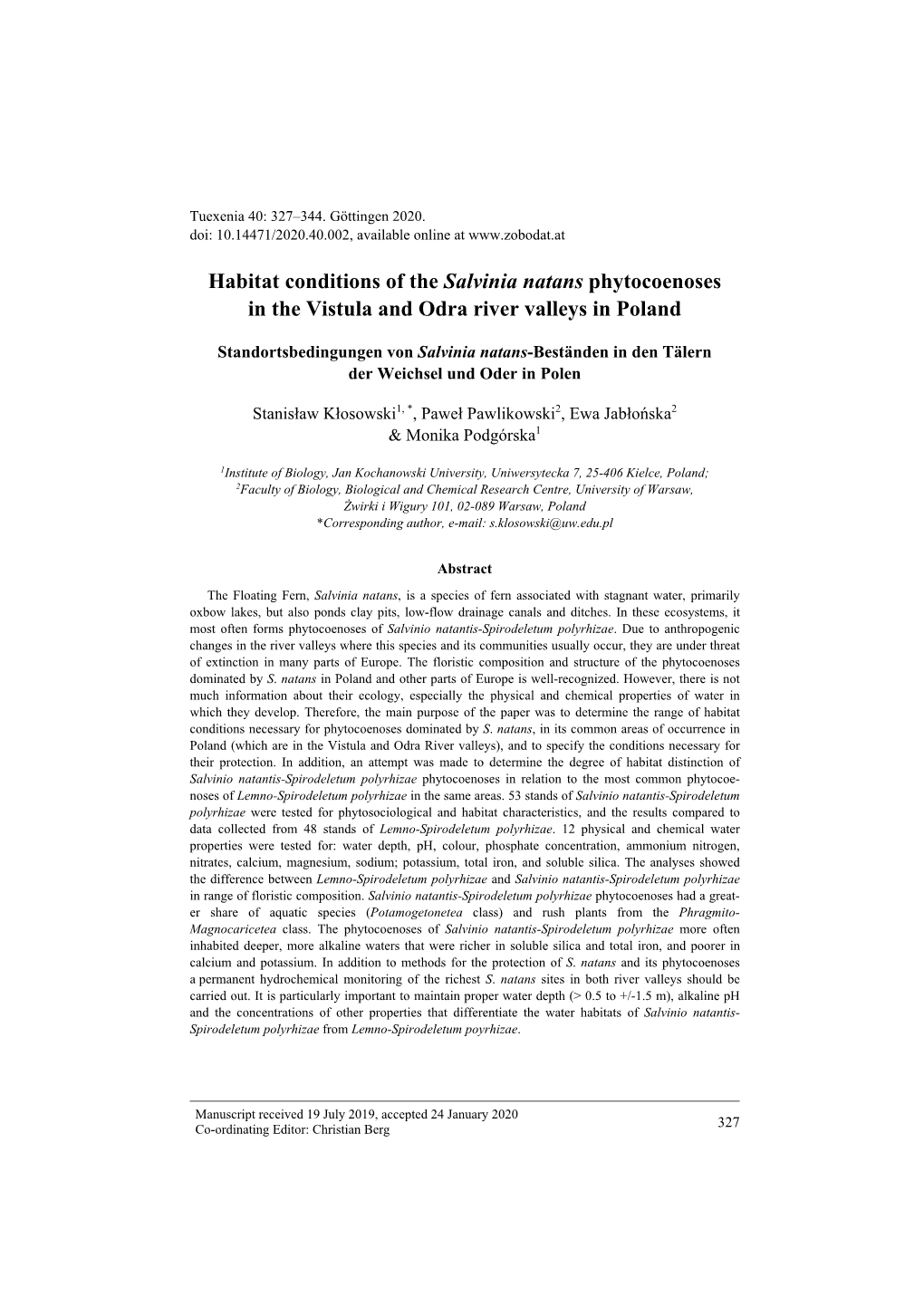 Habitat Conditions of the Salvinia Natans Phytocoenosesin the Vistula