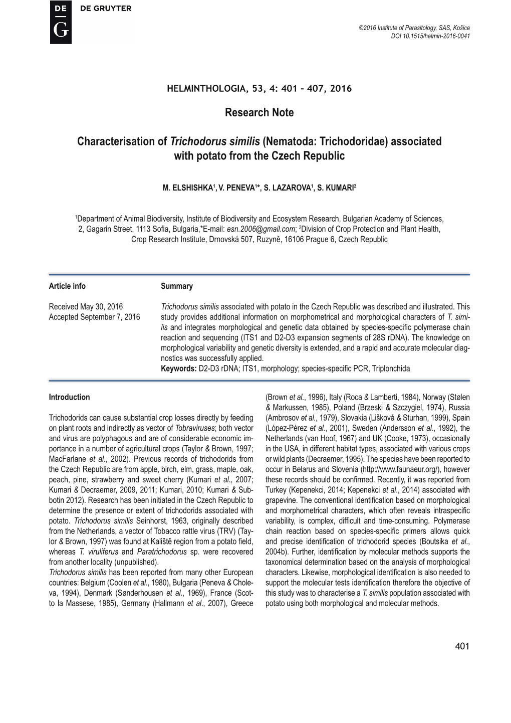 Research Note Characterisation of Trichodorus Similis