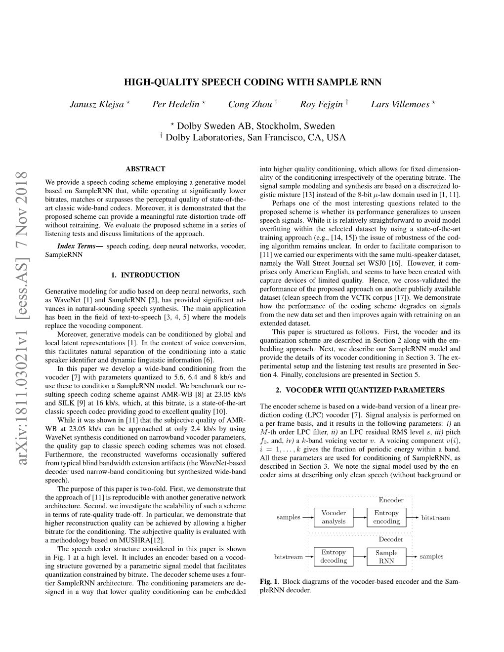 Arxiv:1811.03021V1 [Eess.AS] 7 Nov 2018 from Typical Blind Bandwidth Extension Artifacts (The Wavenet-Based Described in Section 3