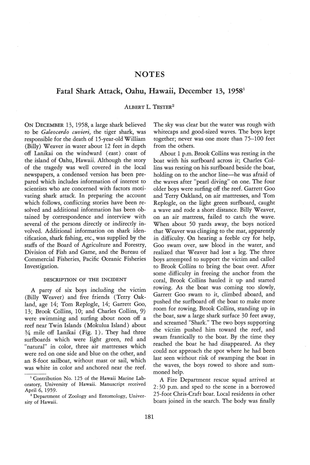 NOTES Fatal Shark Attack, Oahu, Hawaii, December 13, 19581