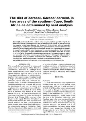The Diet of Caracal, Caracal Caracal, in Two Areas of the Southern Cape, South Africa As Determined by Scat Analysis
