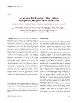 Melanoma: Epidemiology, Risk Factors, Pathogenesis, Diagnosis and Classification