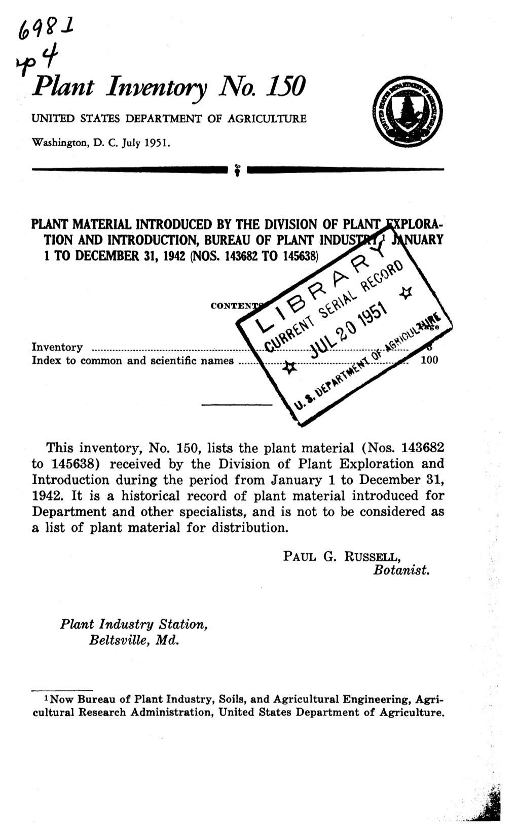 Plant Inventory No. 150