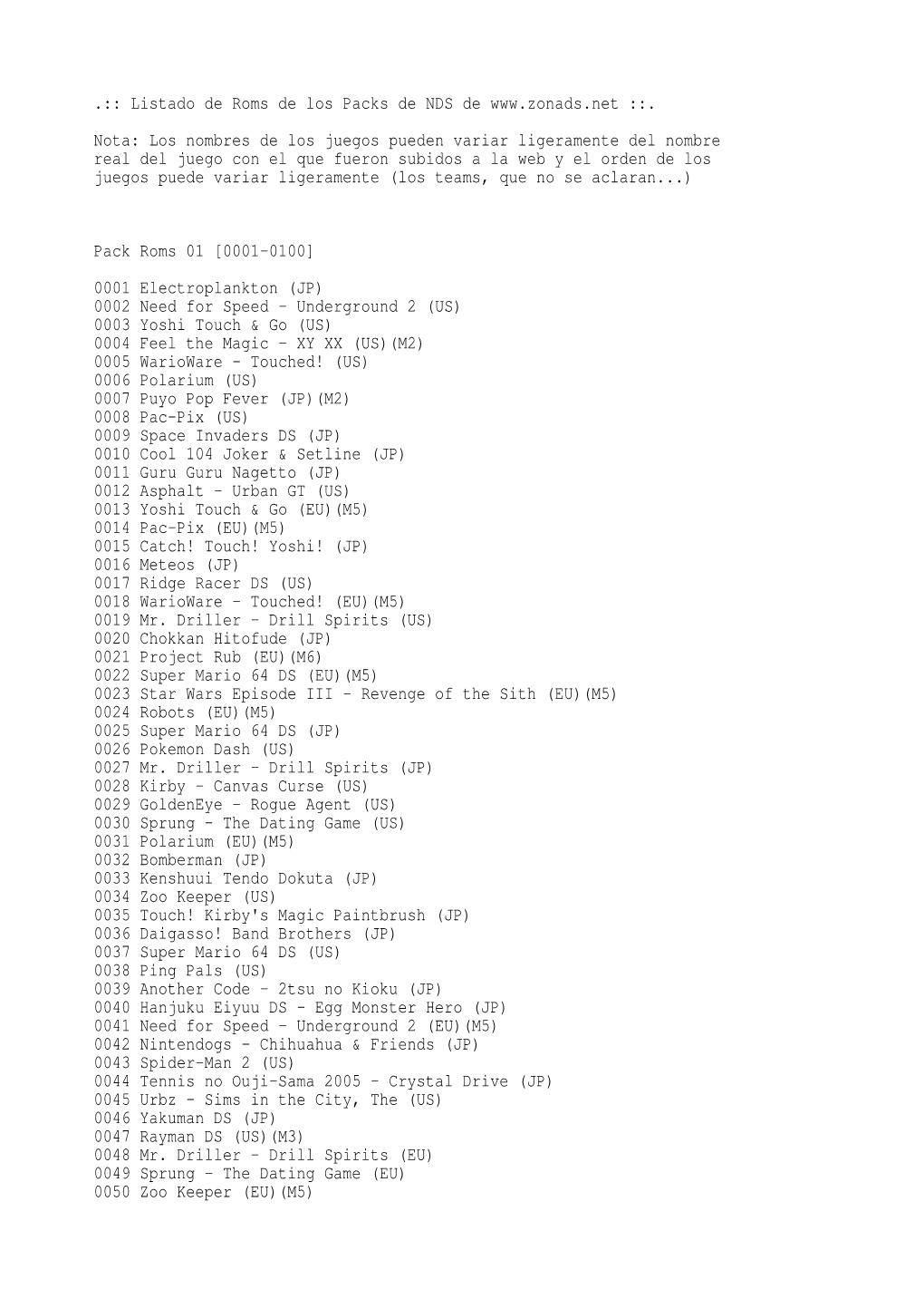 Listado De Roms De Los Packs De NDS De ::. Nota