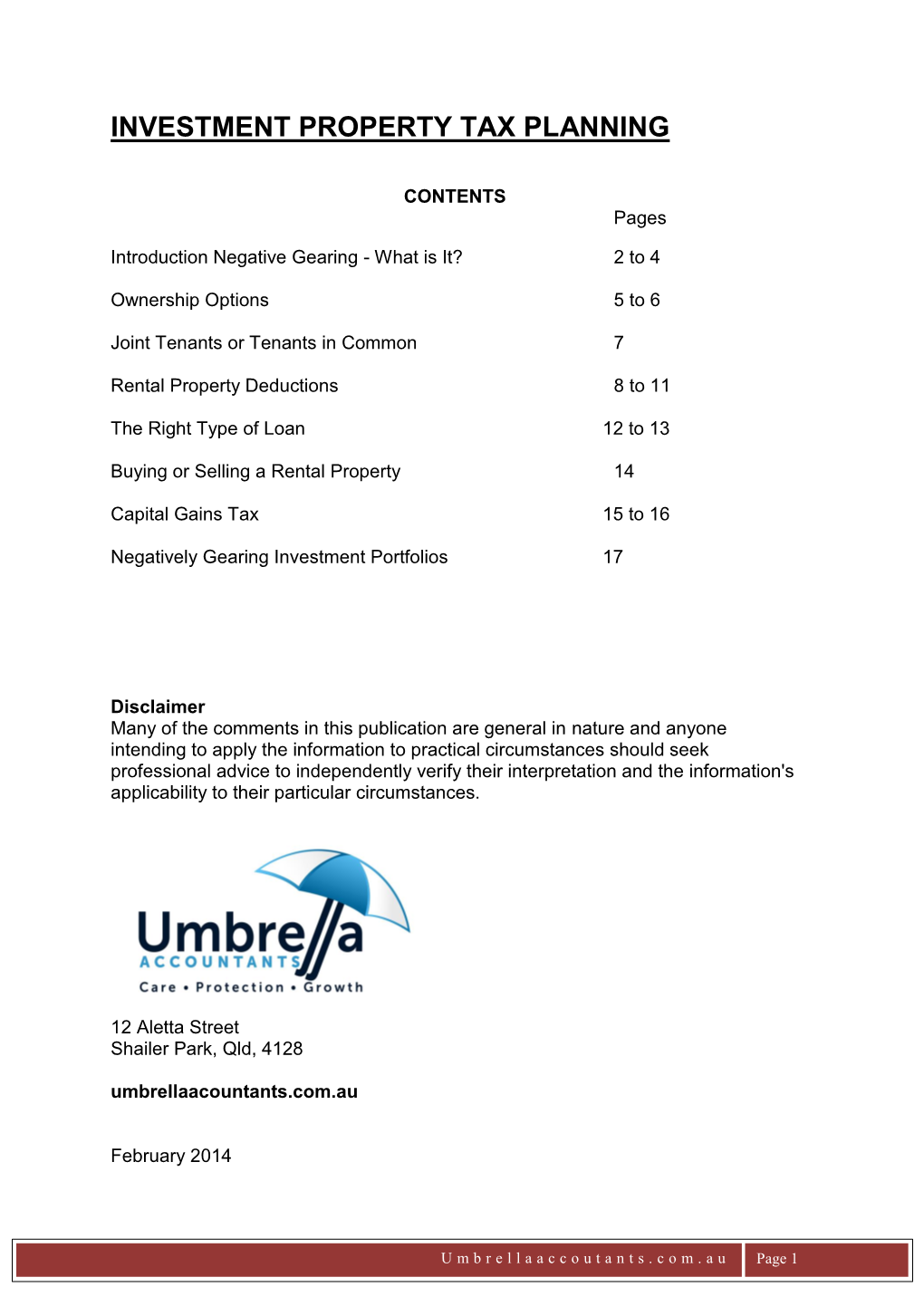 Investment Property Tax Planning Free Booklet