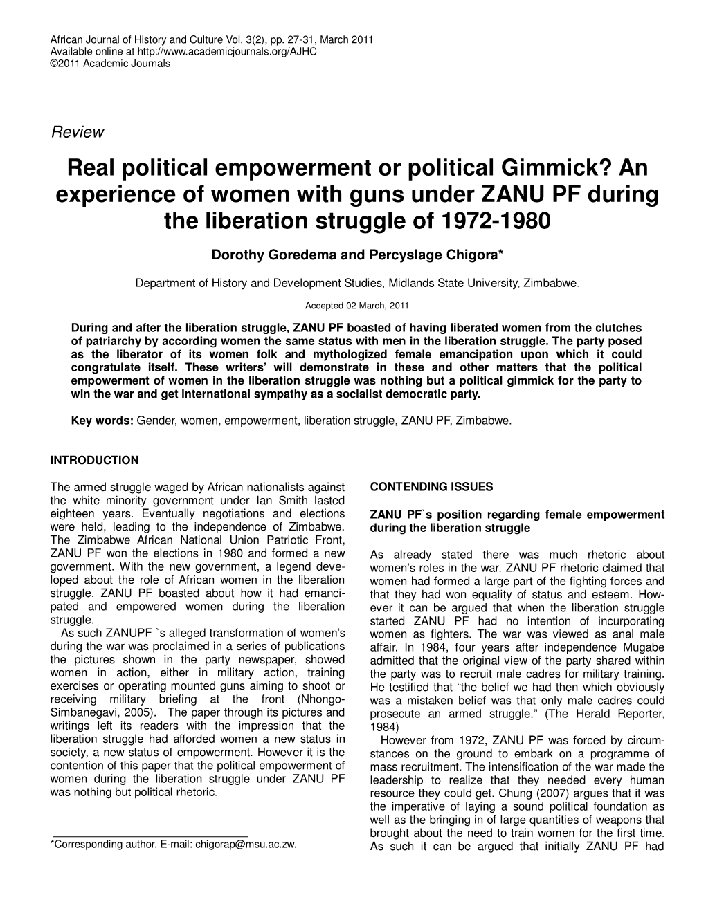 An Experience of Women with Guns Under ZANU PF During the Liberation Struggle of 1972-1980