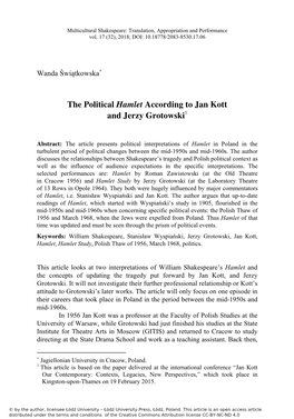 The Political Hamlet According to Jan Kott and Jerzy Grotowski1