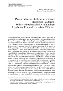 Pojęcie Judaizmu I Hellenizmu W Esejach Benjamina Fundoianu