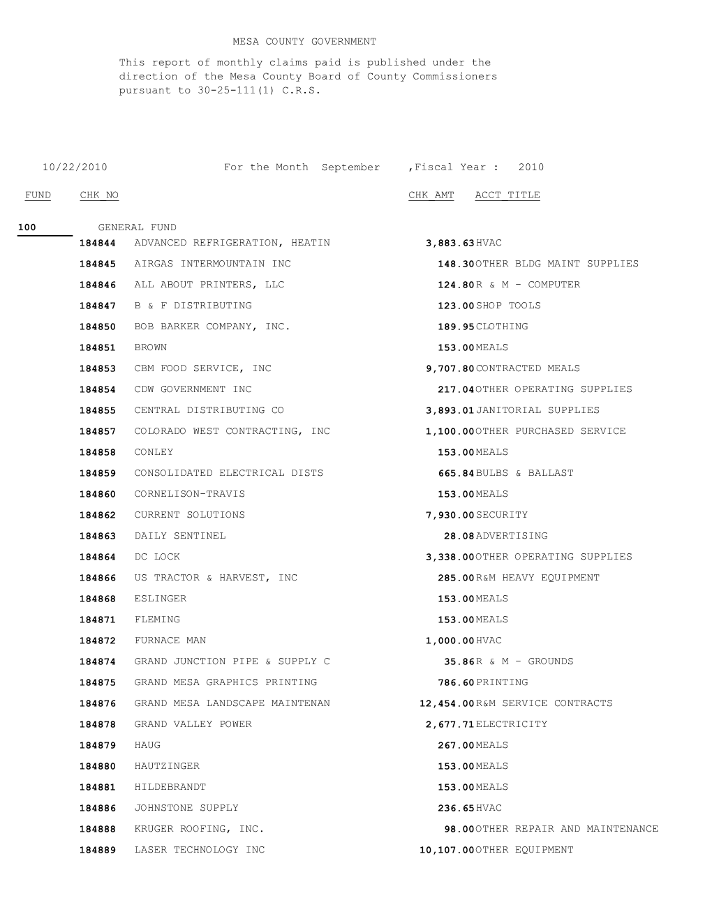 MESA COUNTY GOVERNMENT 10/22/2010 FUND CHK NO ,Fiscal