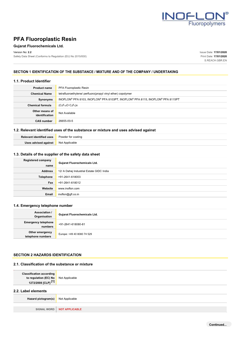 PFA Fluoroplastic Resin Gujarat Fluorochemicals Ltd