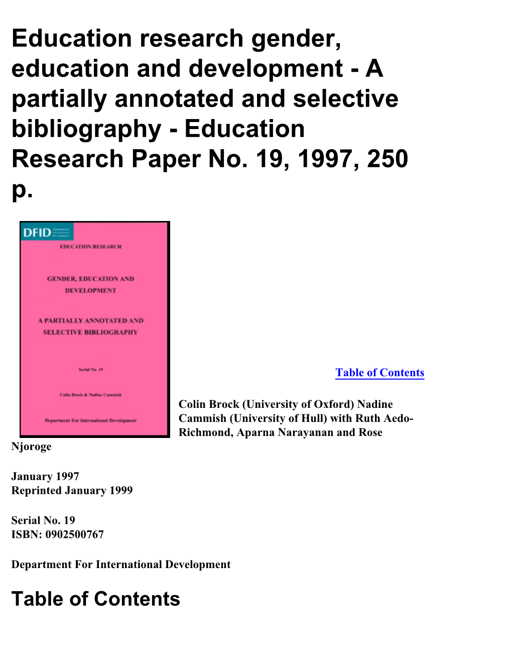 Gender, Education and Development - a Partially Annotated and Selective Bibliography - Education Research Paper No