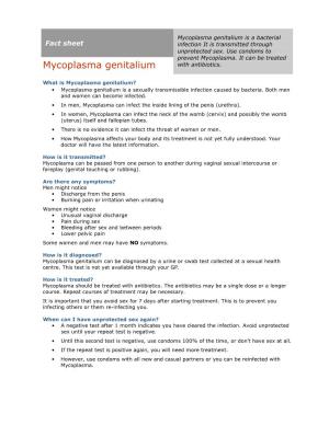 Mycoplasma Genitalium Is a Bacterial Fact Sheet Infection It Is Transmitted Through Unprotected Sex