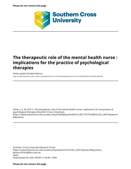 The Therapeutic Role of the Mental Health Nurse : Implications for the Practice of Psychological Therapies