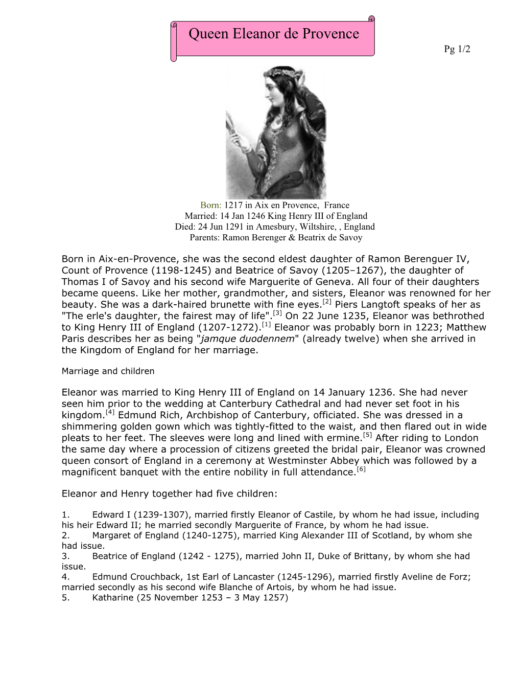 Queen Eleanor De Provence Pg 1/2