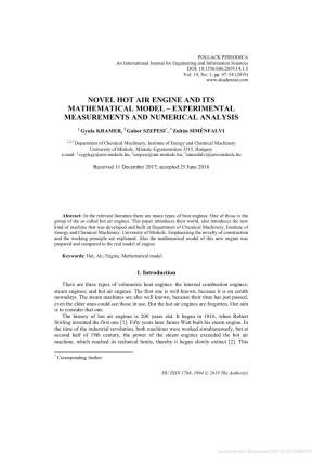 Novel Hot Air Engine and Its Mathematical Model – Experimental Measurements and Numerical Analysis