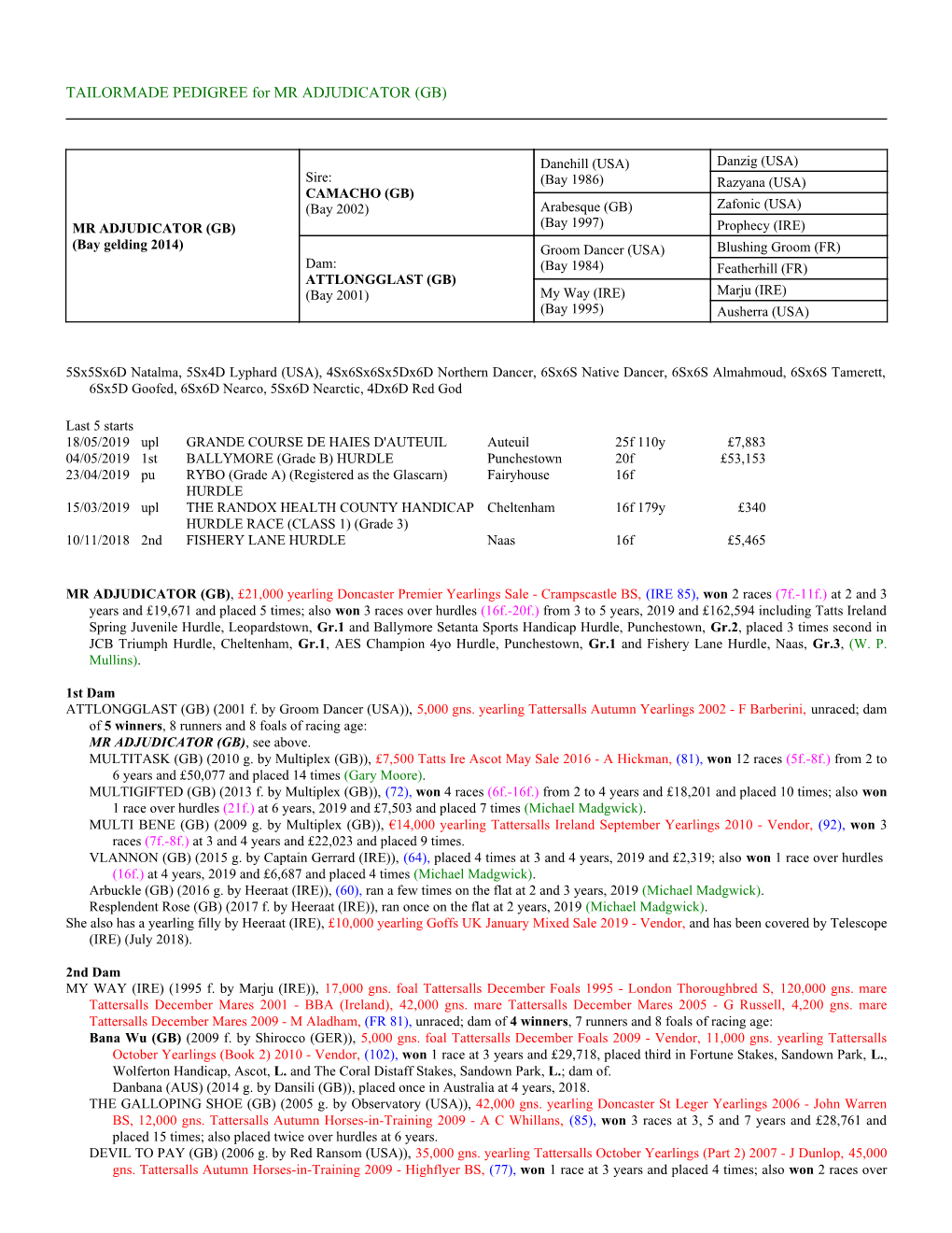 TAILORMADE PEDIGREE for MR ADJUDICATOR (GB)