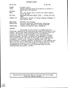 Towards Teaching French Civilization in Context: a Technology-Aided Approach. PUB DATE 93 NOTE 13P.; for Serial Issue in Which This Paper Appears, See FL 021 050
