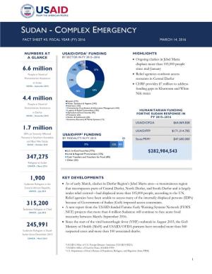 Sudan - Complex Emergency Fact Sheet #3, Fiscal Year (Fy) 2016 March 14, 2016