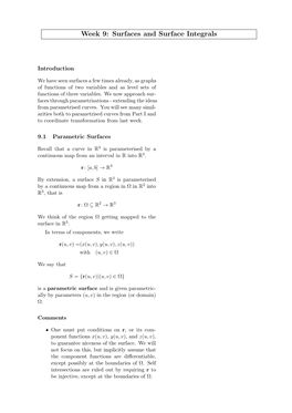 Week 9: Surfaces and Surface Integrals
