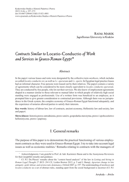 Contracts Similar to Locatio-Conductio of Work and Services in Graeco-Roman Egypt*