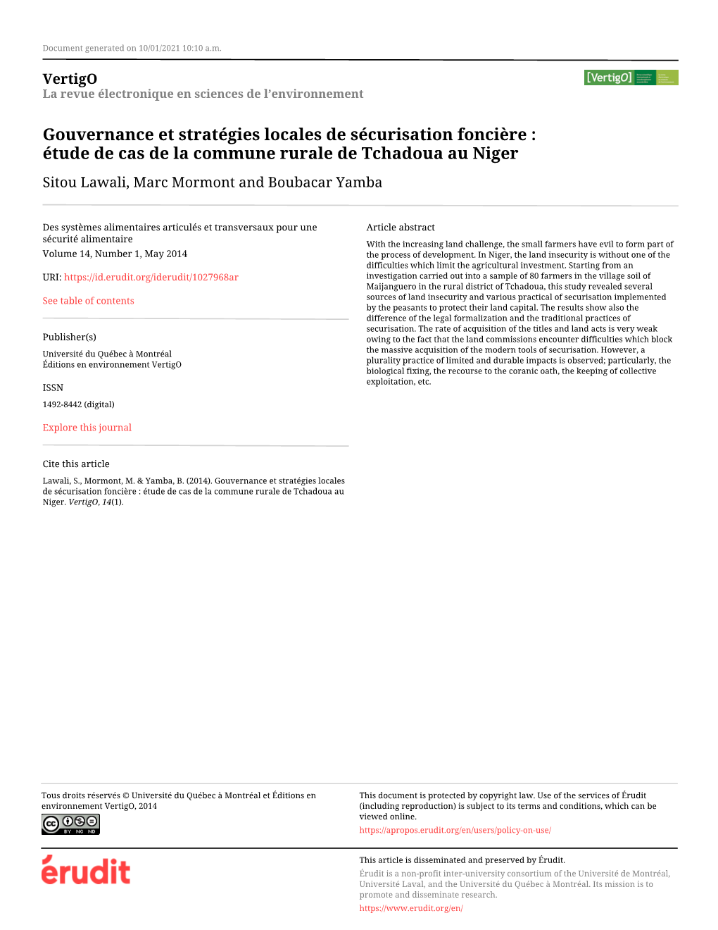 Étude De Cas De La Commune Rurale De Tchadoua Au Niger Sitou Lawali, Marc Mormont and Boubacar Yamba