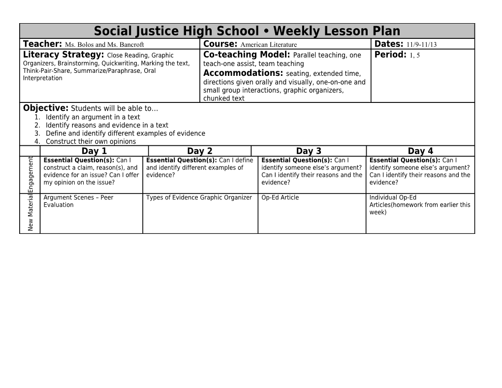 Social Justice High School Weekly Lesson Plan