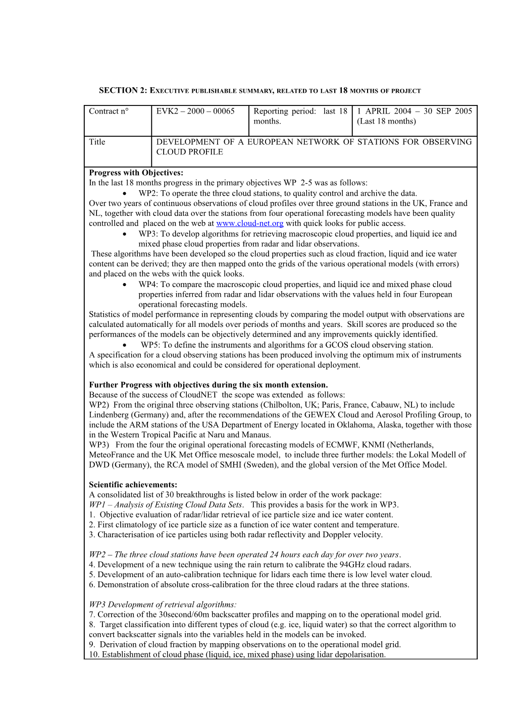 Section 2: Executive Publishable Summary, Related to Reporting Period (12 Months)