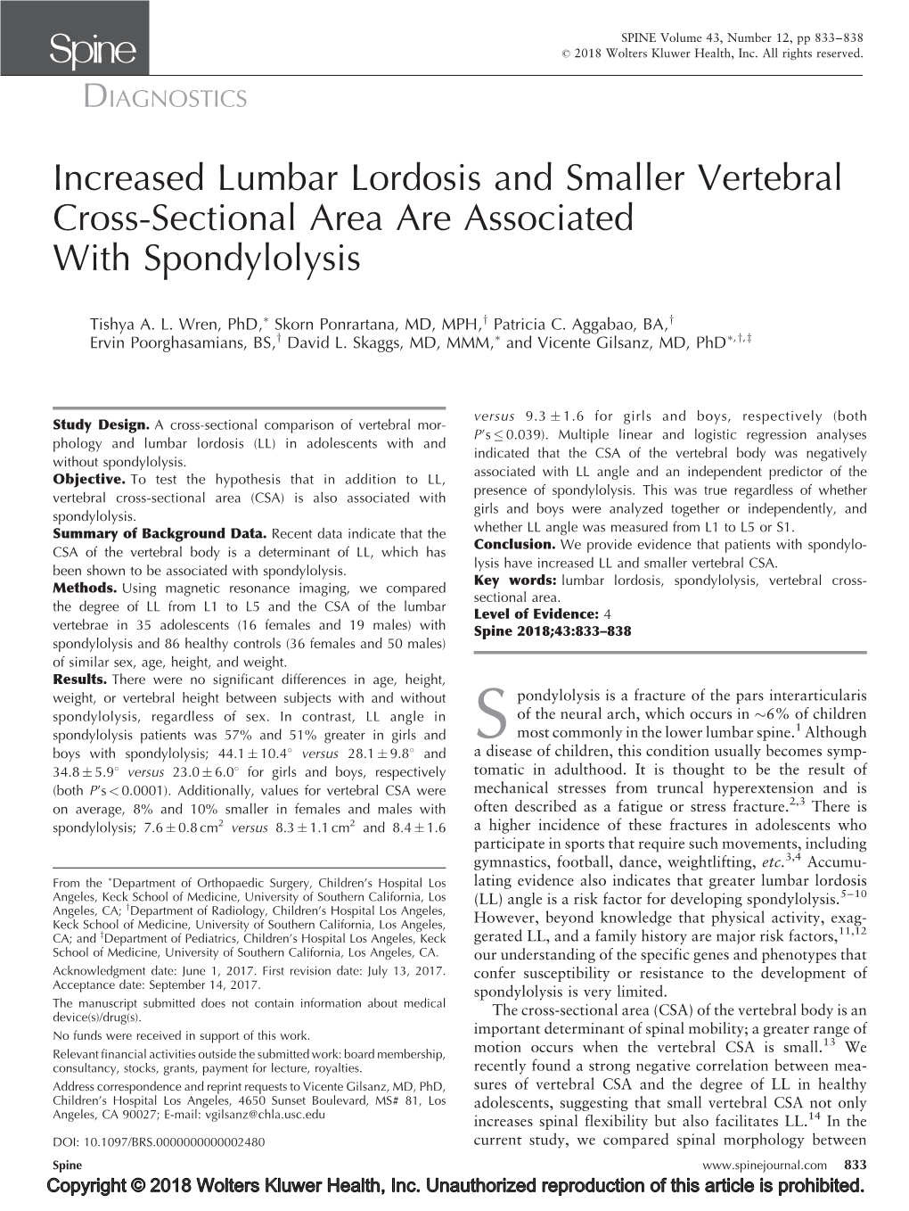 Increased Lumbar Lordosis and Smaller Vertebral Cross-Sectional Area Are Associated with Spondylolysis