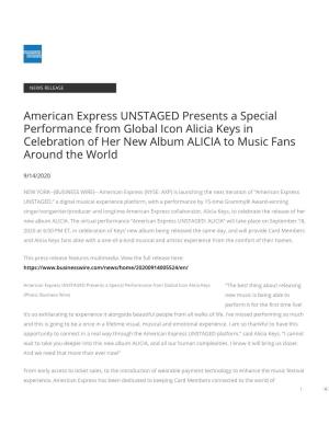 American Express UNSTAGED Presents a Special Performance from Global Icon Alicia Keys in Celebration of Her New Album ALICIA to Music Fans Around the World