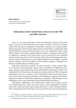 Lithuanians in the United States at the Turn of the 19Th and 20Th Centuries