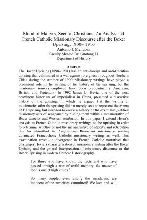 An Analysis of French Catholic Missionary Discourse After the Boxer Uprising, 1900– 1910 Antonio J