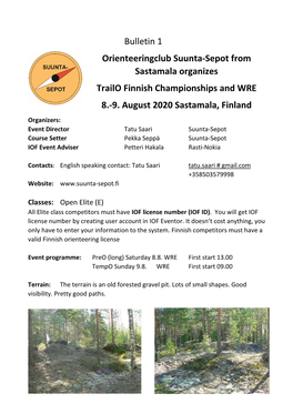 Bulletin 1 Orienteeringclub Suunta-Sepot from Sastamala Organizes Trailo Finnish Championships and WRE 8.-9