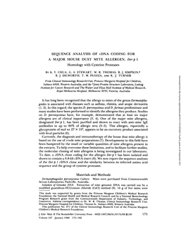 SEQUENCE ANALYSIS of Cdna CODING for a MAJOR HOUSE DUST MITE ALLERGEN, Der P 1 Homology with Cysteine Proteases