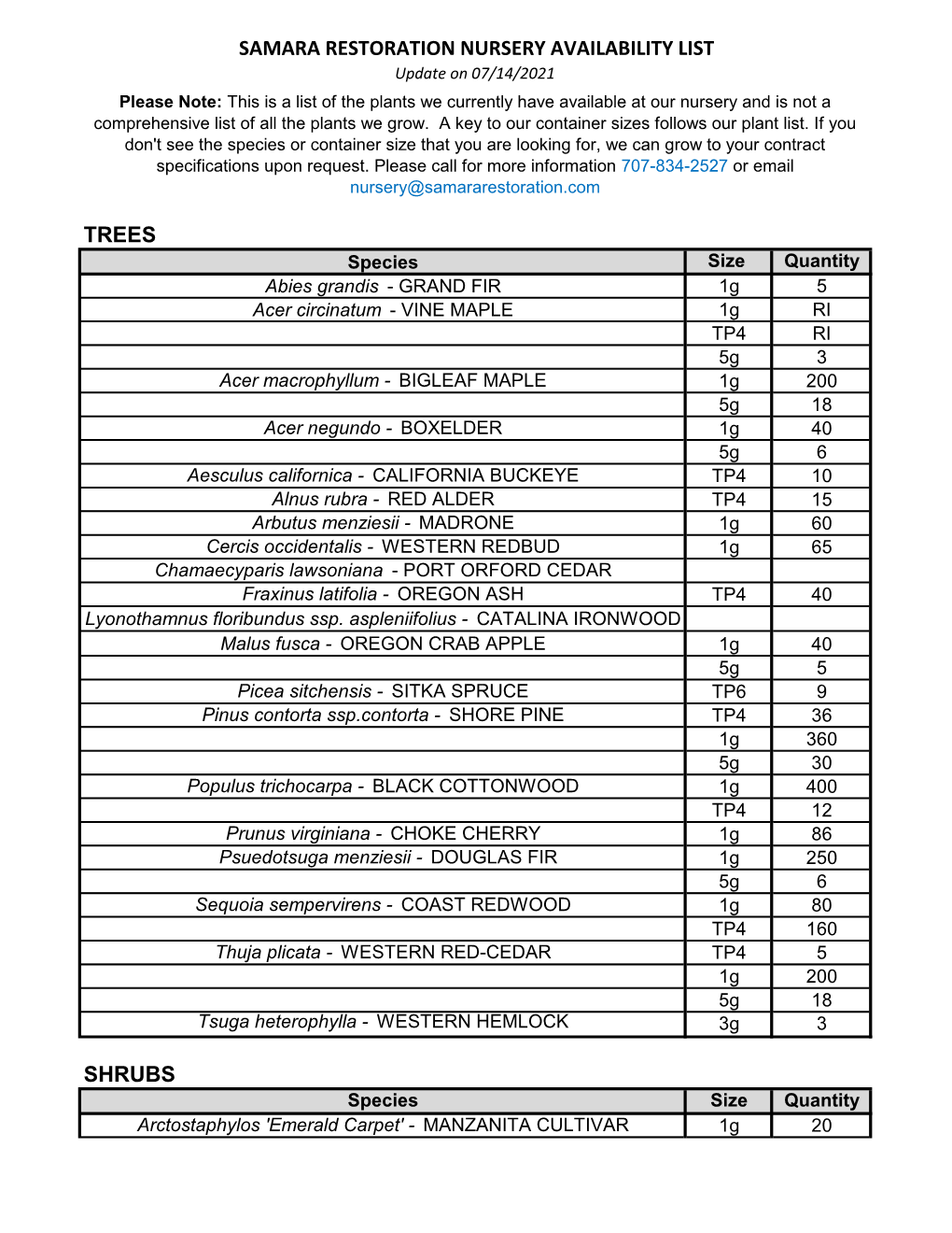 Samara Restoration Nursery Availability List Shrubs Trees