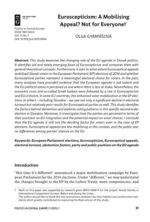 Euroscepticism: a Mobilising Appeal? Not for Everyone! 1 Politics in Central Europe (ISSN: 1801-3422) Vol