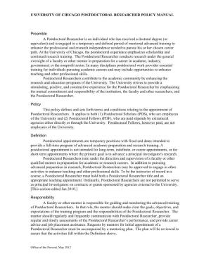University of Chicago Postdoctoral Researcher Policy Manual